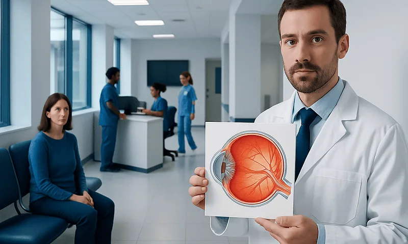 Doctor holding eye anatomy model in hospital setting.