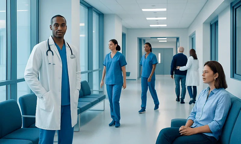 Medical team in hospital corridor at Acibadem Hospitals Group.