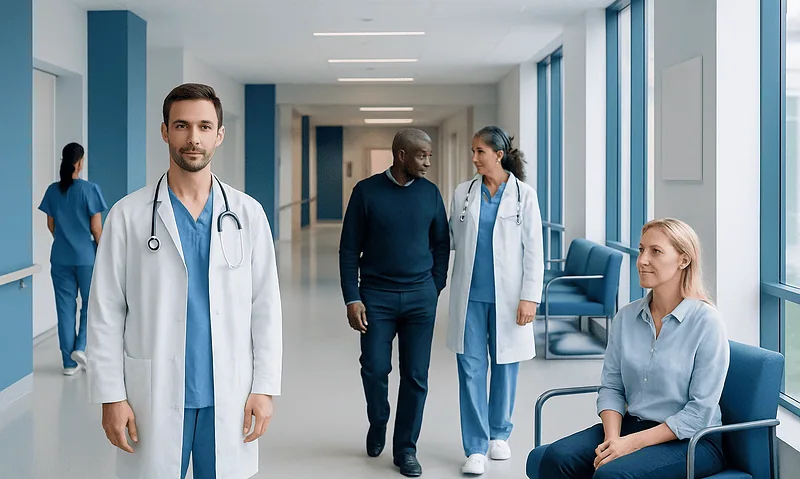 Medical team and patient in hospital corridor at Acibadem Hospitals Group.