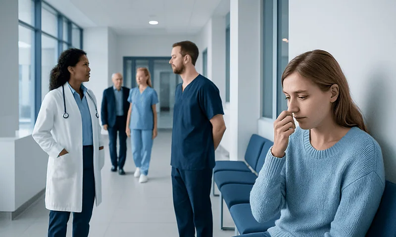 Young woman experiencing nasal discomfort in a hospital corridor.