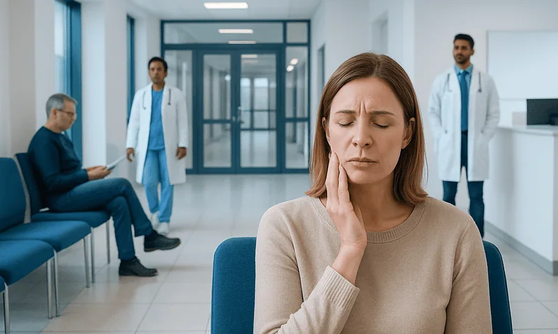 Woman experiencing facial numbness in a hospital waiting area.