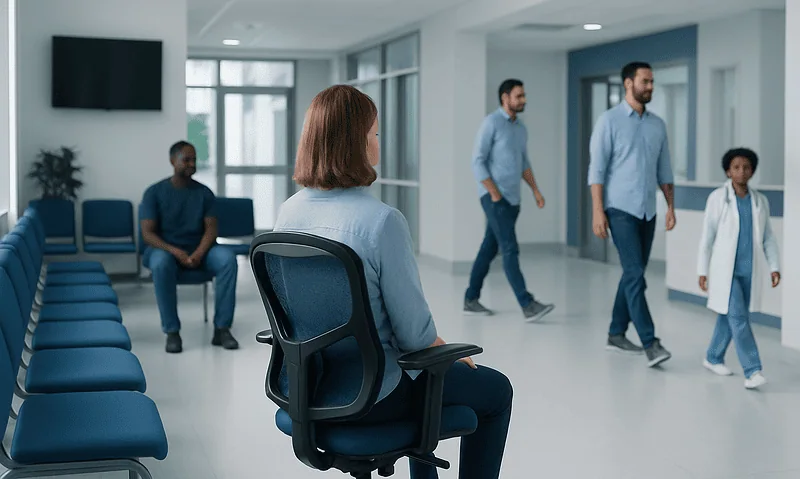 Waiting room with patients and healthcare staff at Acibadem Hospital.
