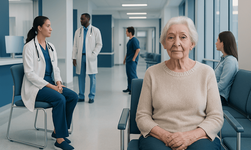Elderly woman waiting in a hospital corridor with medical staff nearby.