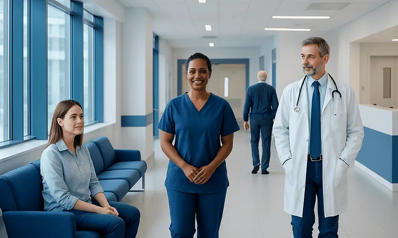 Healthcare professionals and patient in a modern hospital corridor.