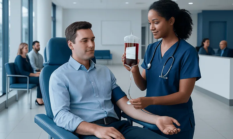 Nurse prepares blood donation in a hospital setting with patient and staff in background.