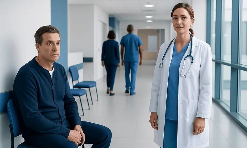 Medical staff and patient in hospital corridor at Acibadem Hospitals Group.