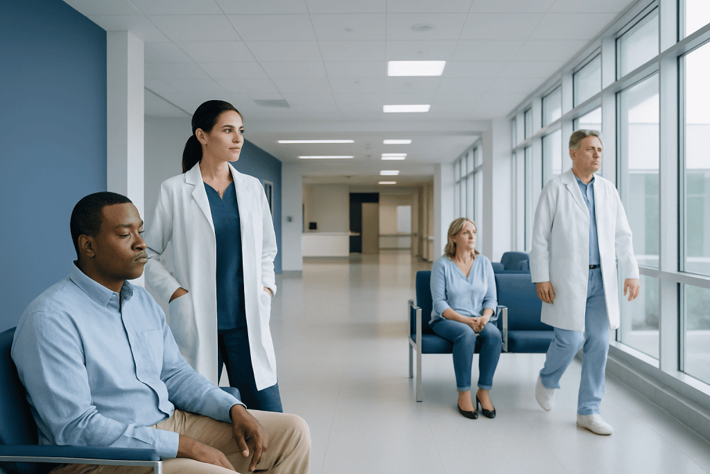 Orange Mucus: A Complete Medical Overview 1 Medical team waiting in hospital corridor with patients and staff.