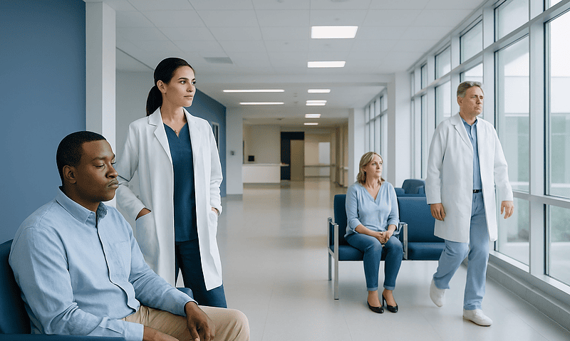 Medical team waiting in hospital corridor with patients and staff.