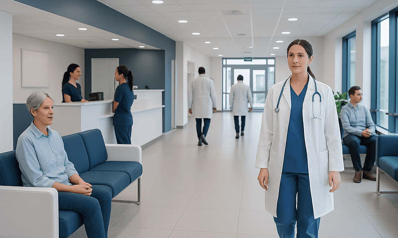 Medical staff and patients in a modern hospital waiting area.