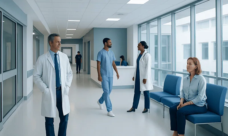 Medical professionals and patient in a modern hospital corridor.