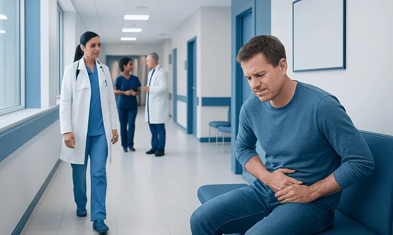 Man experiencing abdominal pain in hospital corridor with medical staff nearby.