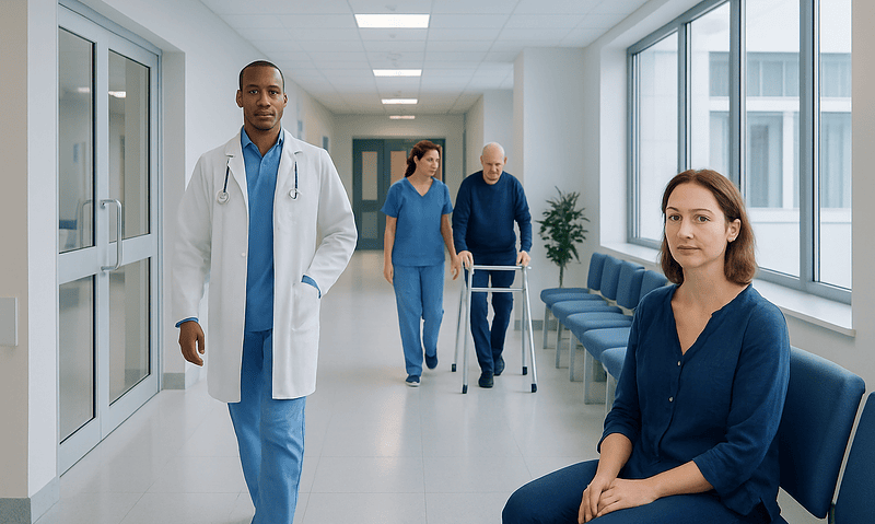 Healthcare professionals and patient in hospital corridor at Acibadem Hospitals Group.
