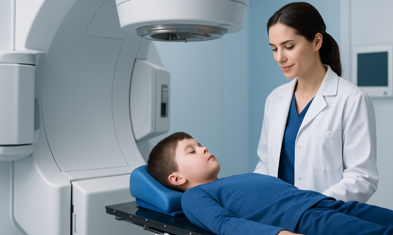 Child undergoing radiation therapy in a modern medical facility.