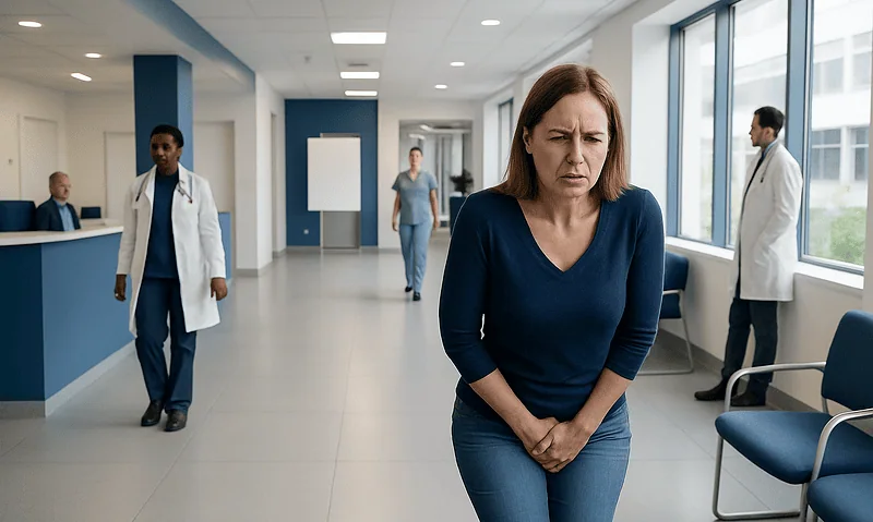 Woman experiencing urinary urgency in hospital corridor with medical staff nearby.