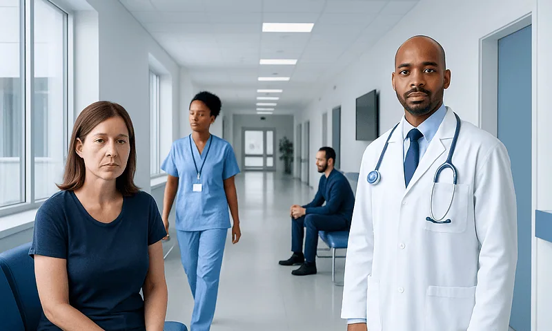 Doctor and patients in a hospital corridor, healthcare professionals and patient consultation.