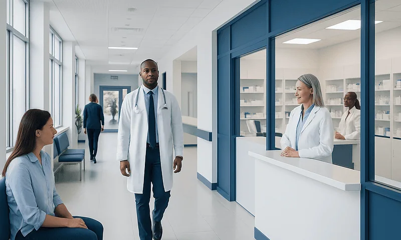 Doctors and patients in a modern hospital corridor with pharmacy window.