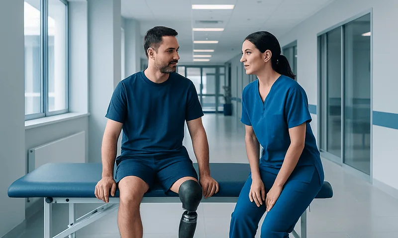 Physical Therapy Prosthetic Leg Mean: How It Works, Results and What to Expect 4 Patient with prosthetic leg consulting with healthcare professional in hospital corridor.