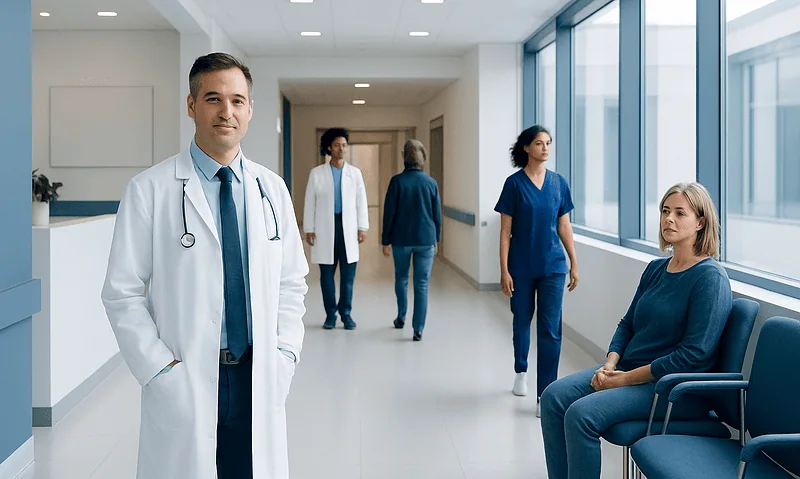 Healthcare professionals and patient in a modern hospital corridor.