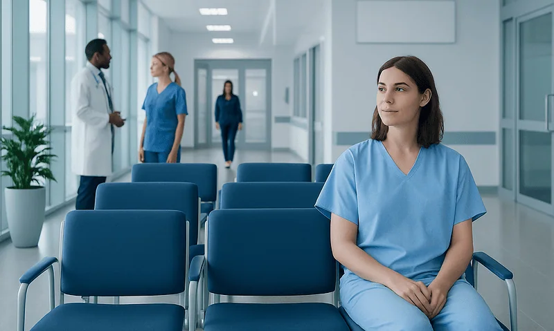Young woman in hospital gown sitting in waiting area at Acibadem Hospital.
