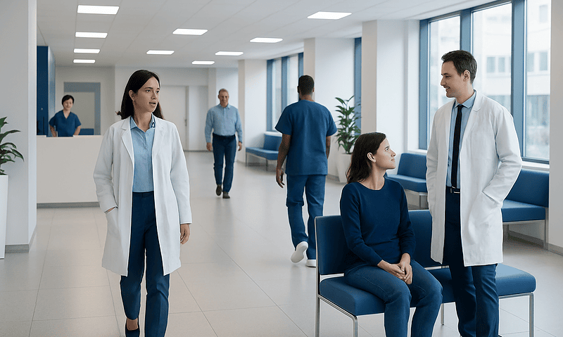 Medical professionals and patient in a hospital corridor at Acibadem Hospitals Group.