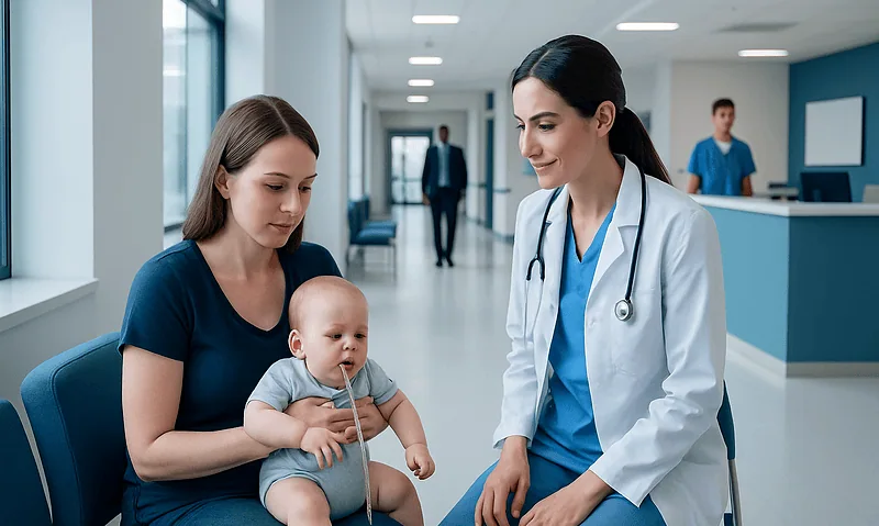 Pediatric consultation at a hospital with a mother, baby, and doctor.