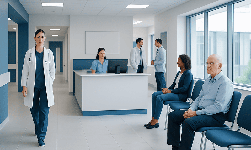 Modern hospital waiting area with medical staff and patients at Acibadem Hospitals Group.