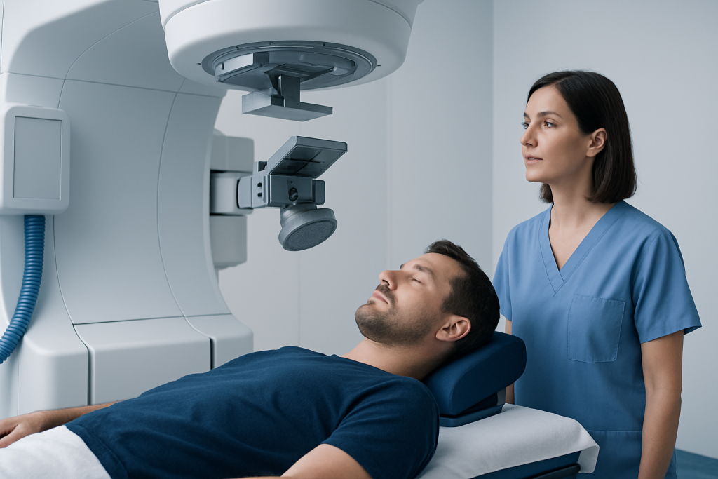 Patient undergoing AVM radiation therapy with advanced medical equipment.