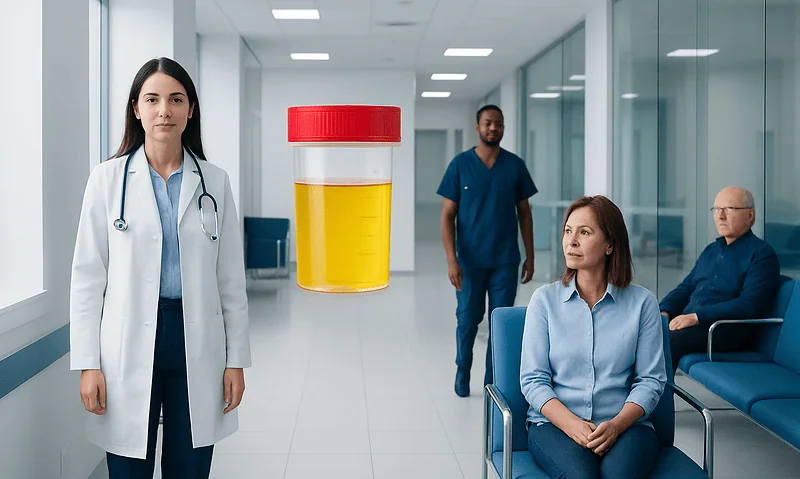 Urinalysis test for detecting blood in urine at a hospital.