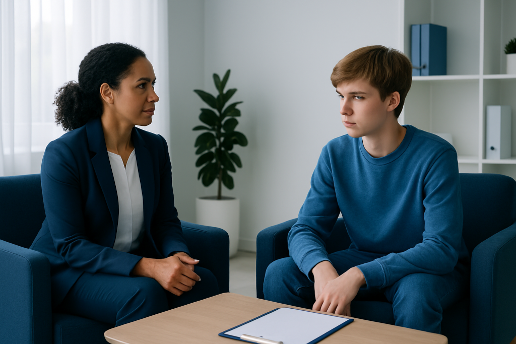 Teenager in therapy session with counselor in a modern office setting.
