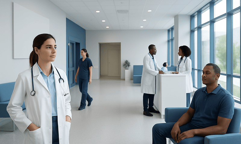 Medical professionals and patient in a modern hospital corridor.