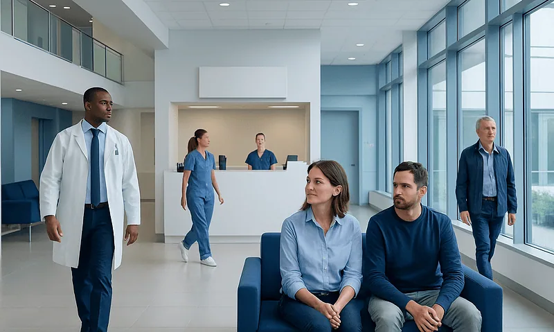 Medical professionals and patients in a modern hospital lobby with large windows.