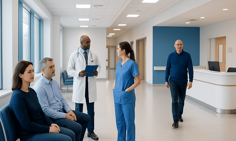 Medical team consulting patients in a modern hospital corridor.