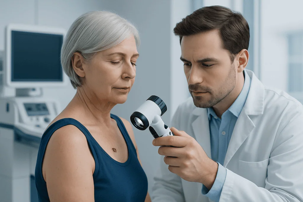Dermatologist examining a woman's skin with a dermatoscope in a clinic.