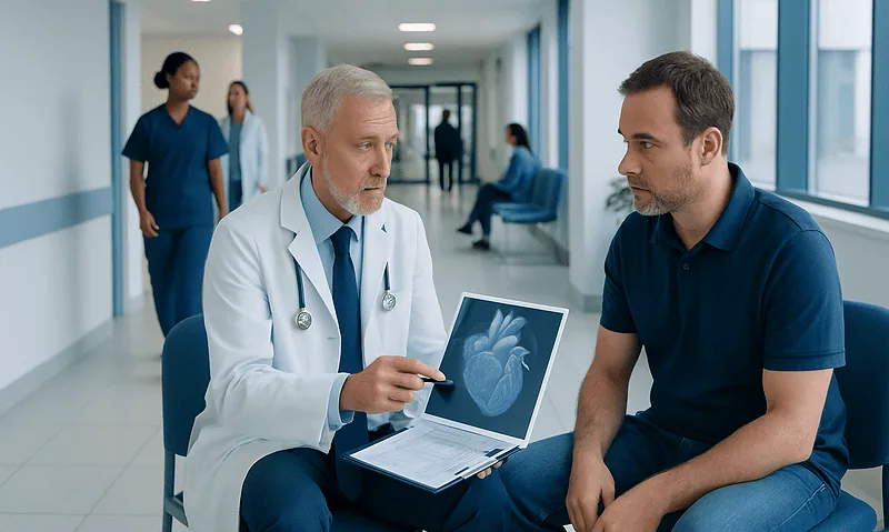 Cardiologist explaining heart scan to patient in hospital corridor.