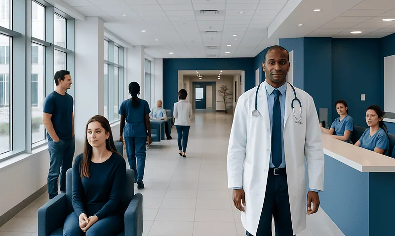 Diverse medical staff and patients in a modern hospital corridor.
