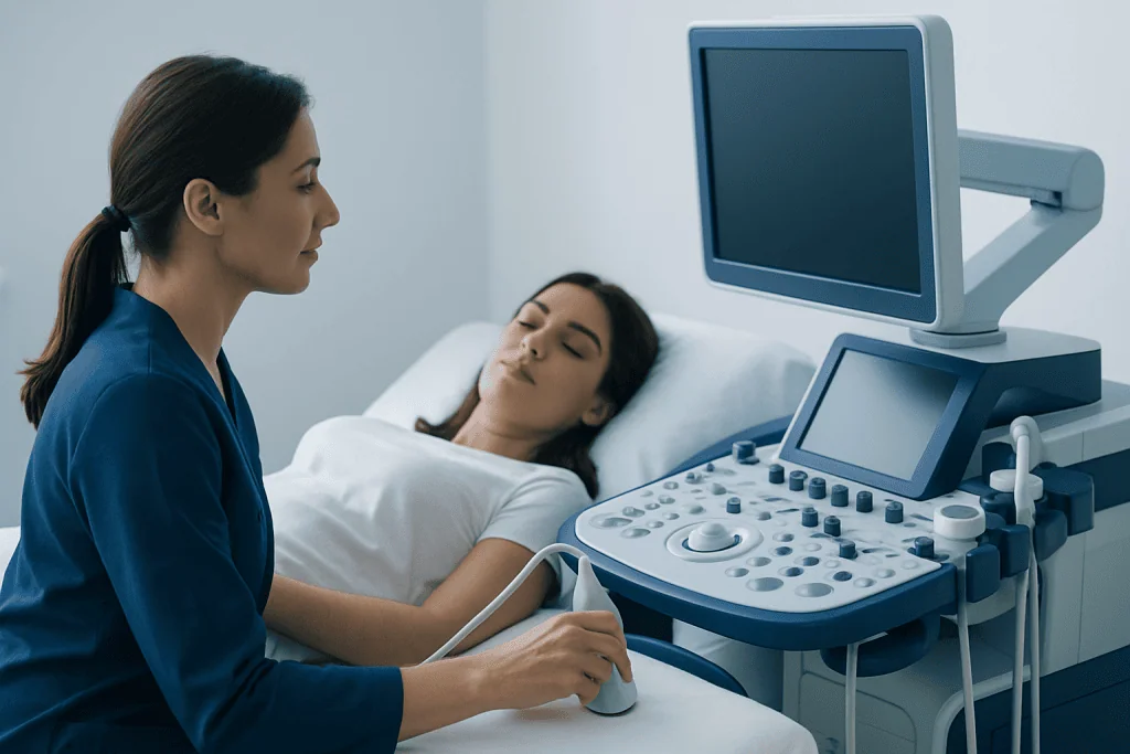 Medical professional performing an ultrasound on a patient in a hospital bed.