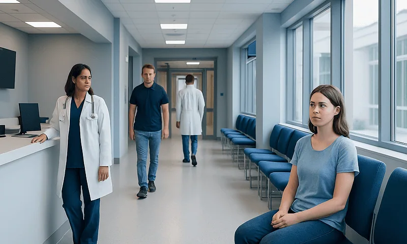 Hospital corridor with medical staff and patient at Acibadem Hospitals Group.