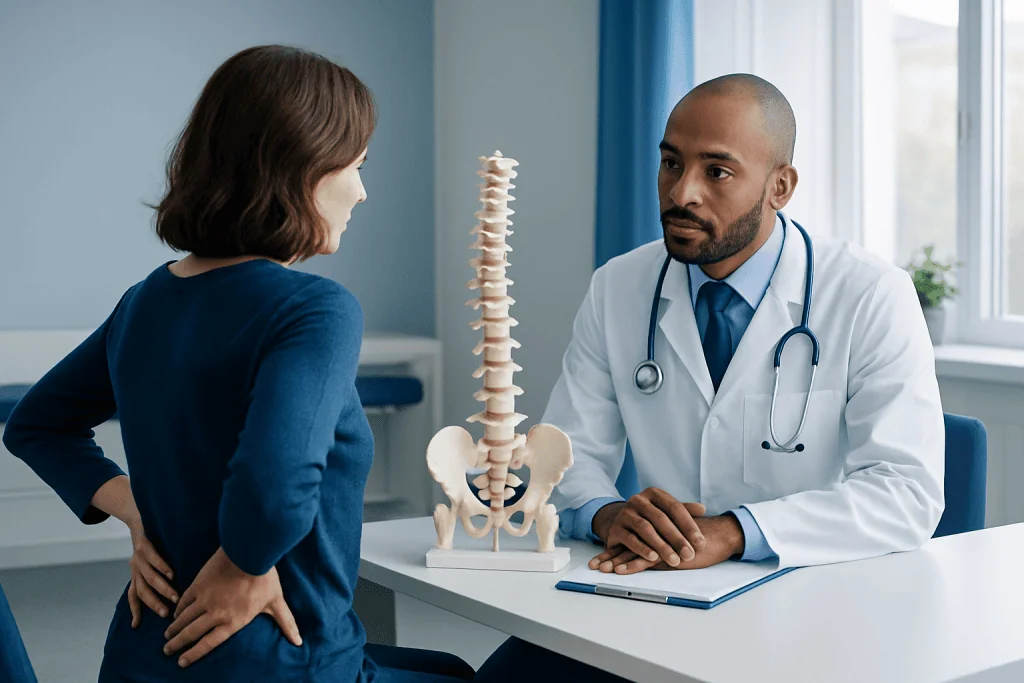 Doctor explaining spine anatomy to patient with spine model in clinic.