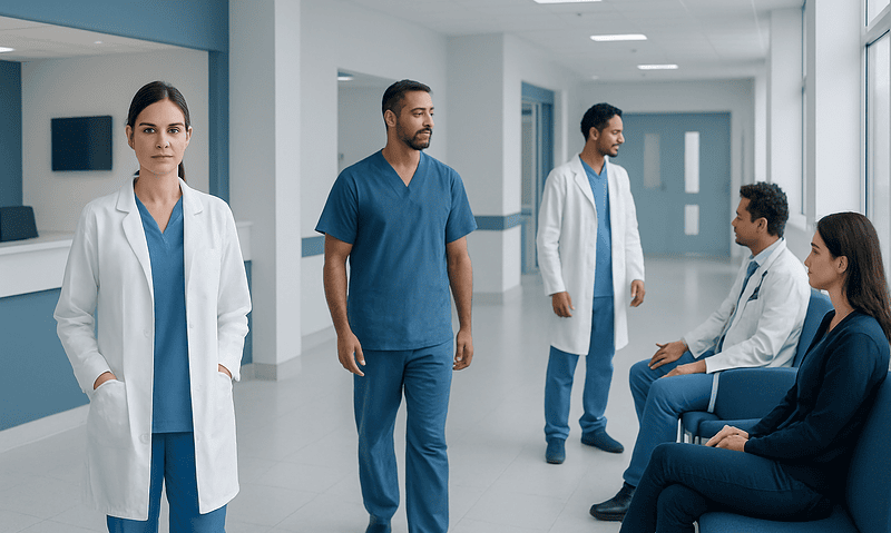 Medical team in hospital corridor preparing for patient consultation.