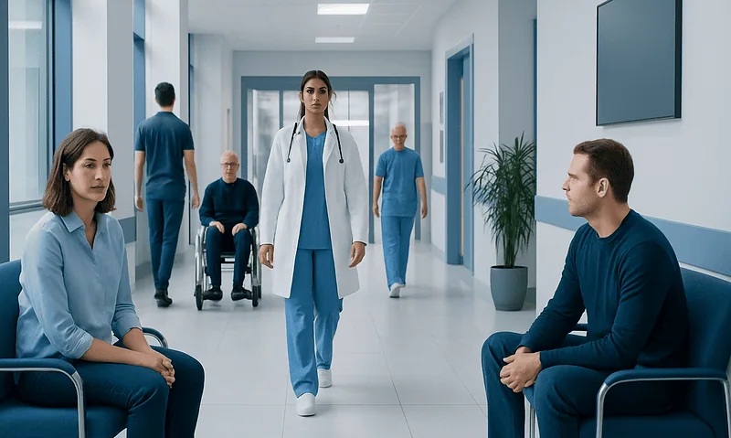 Medical staff and patients in a hospital corridor at Acibadem Hospitals Group.