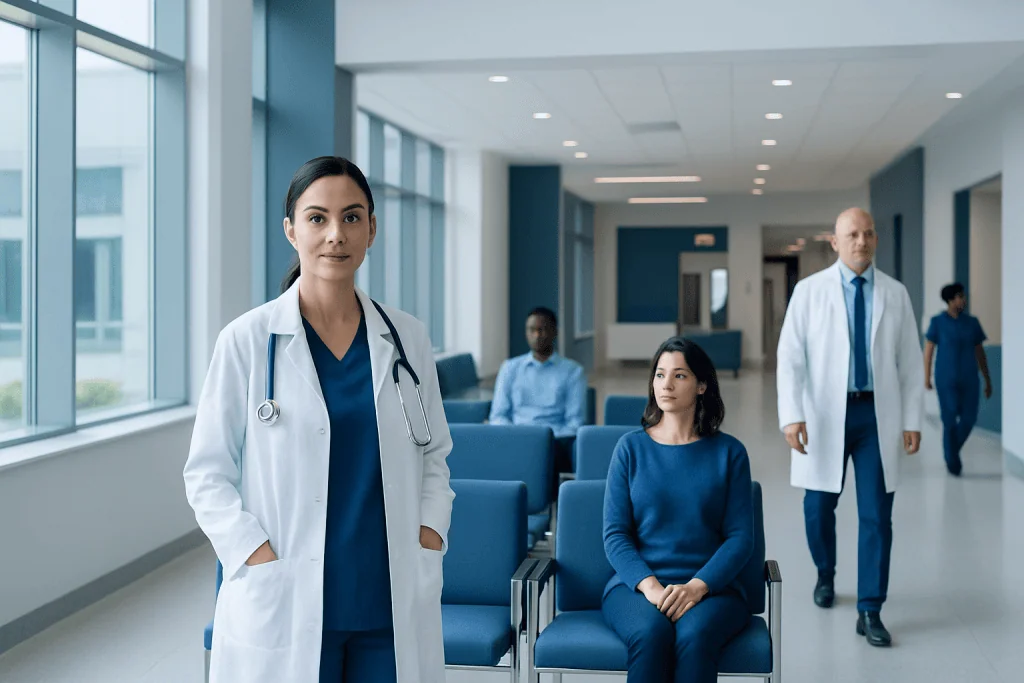 Understanding Teratoma with Eyes: A Complete Patient Guide 1 Medical professionals and patients in a hospital waiting area.