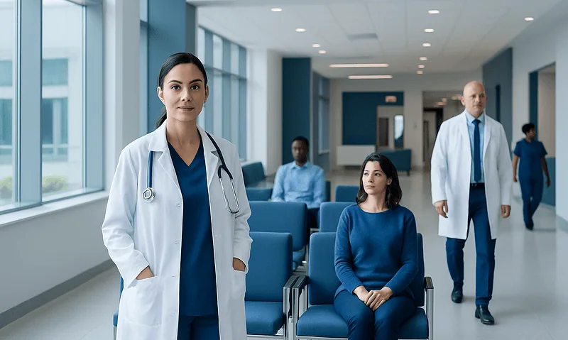 Medical professionals and patients in a hospital waiting area.