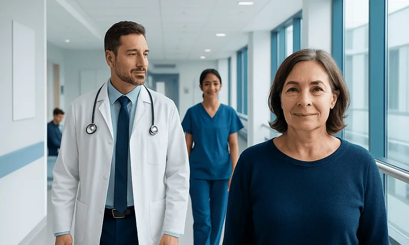 Medical team walking in hospital corridor at Acibadem Hospitals Group.