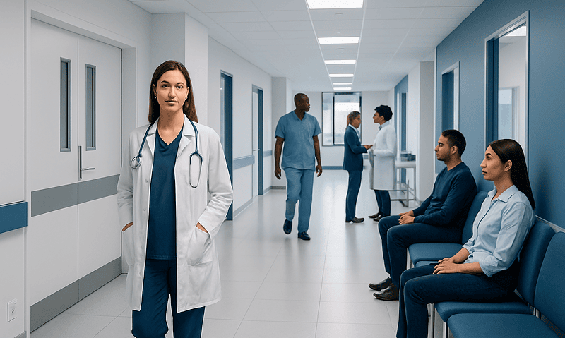 Healthcare professionals and patients in a hospital corridor at Acibadem Hospitals Group.