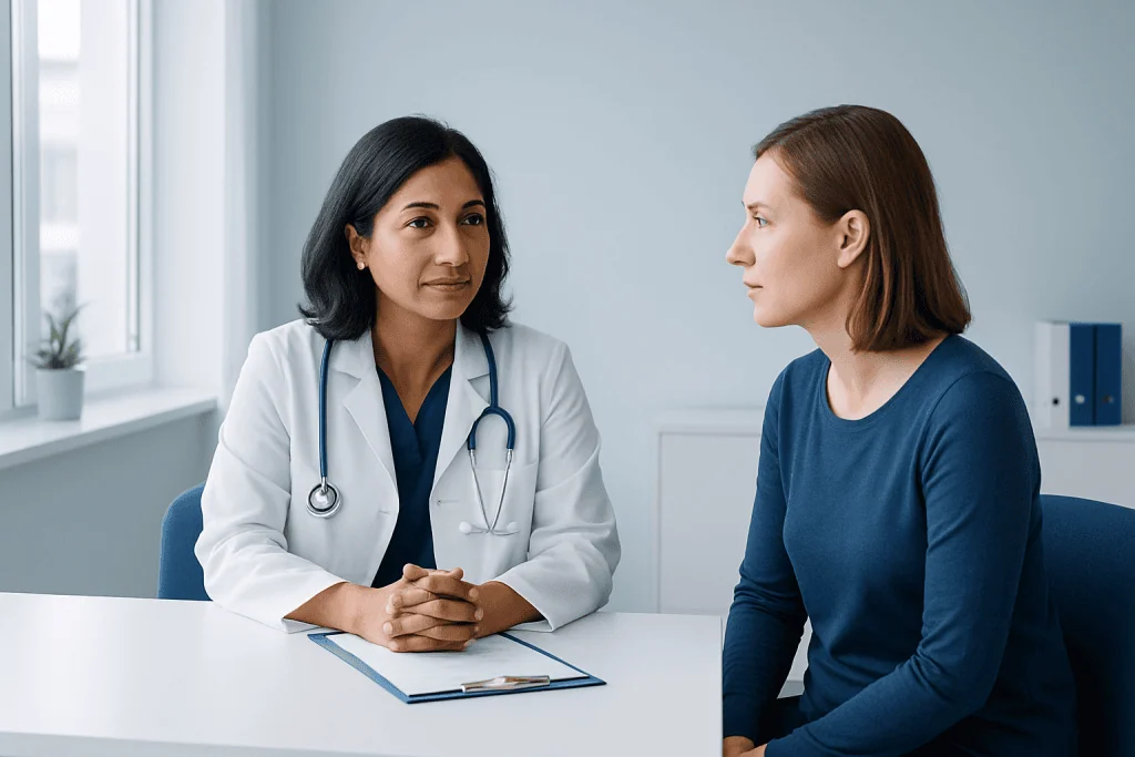 Doctor consulting with a patient in a modern hospital setting.
