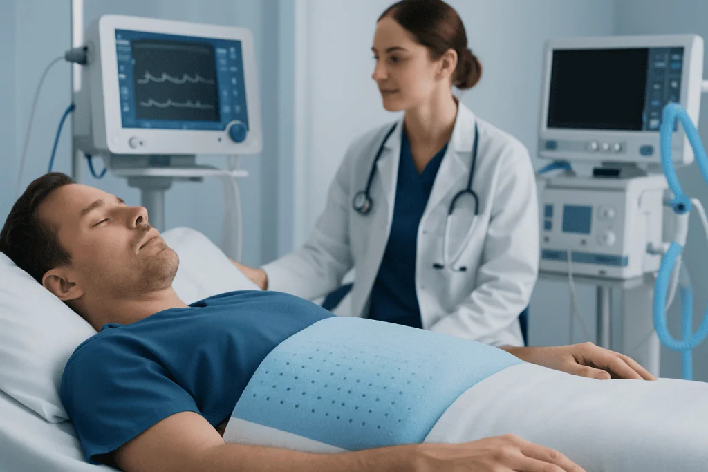 Patient undergoing a medical examination in a hospital setting.