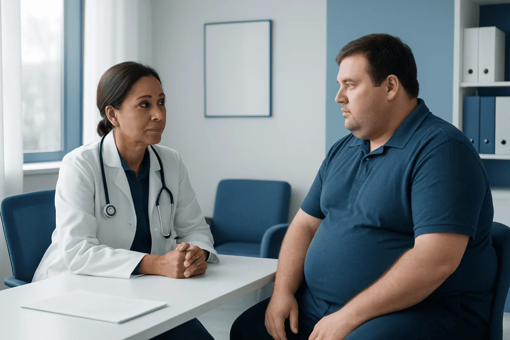 Doctor consulting with patient in a medical office setting.