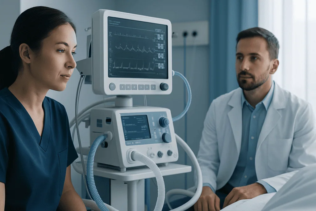 Medical professionals monitor patient using advanced ventilator equipment.