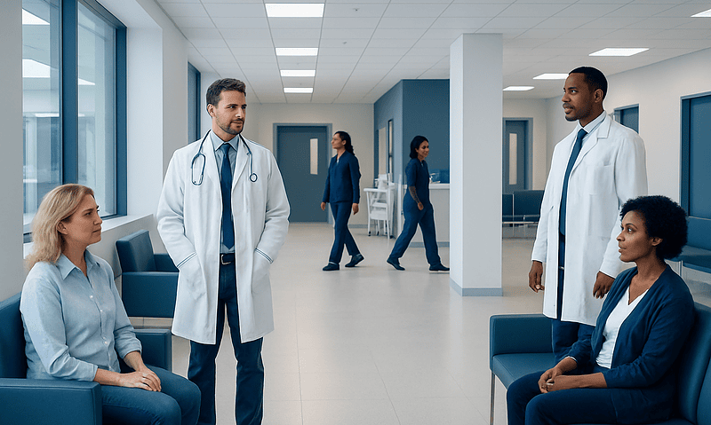 Health Library 10 Medical team discussing patient care in hospital corridor.