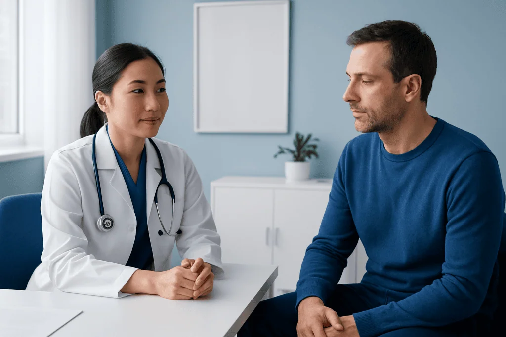 Doctor consulting with male patient in a medical office.